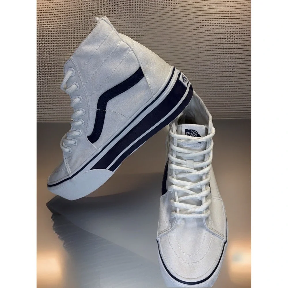VANS Sk8-Hi Tapered Sport Platform Shoes White Canvas Navy Women 9‎ Men 7.5