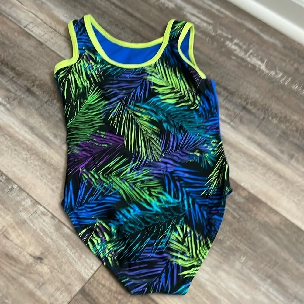 Destira Blue Leaf Print Sleeveless Gymnastics Leotard child large size 10