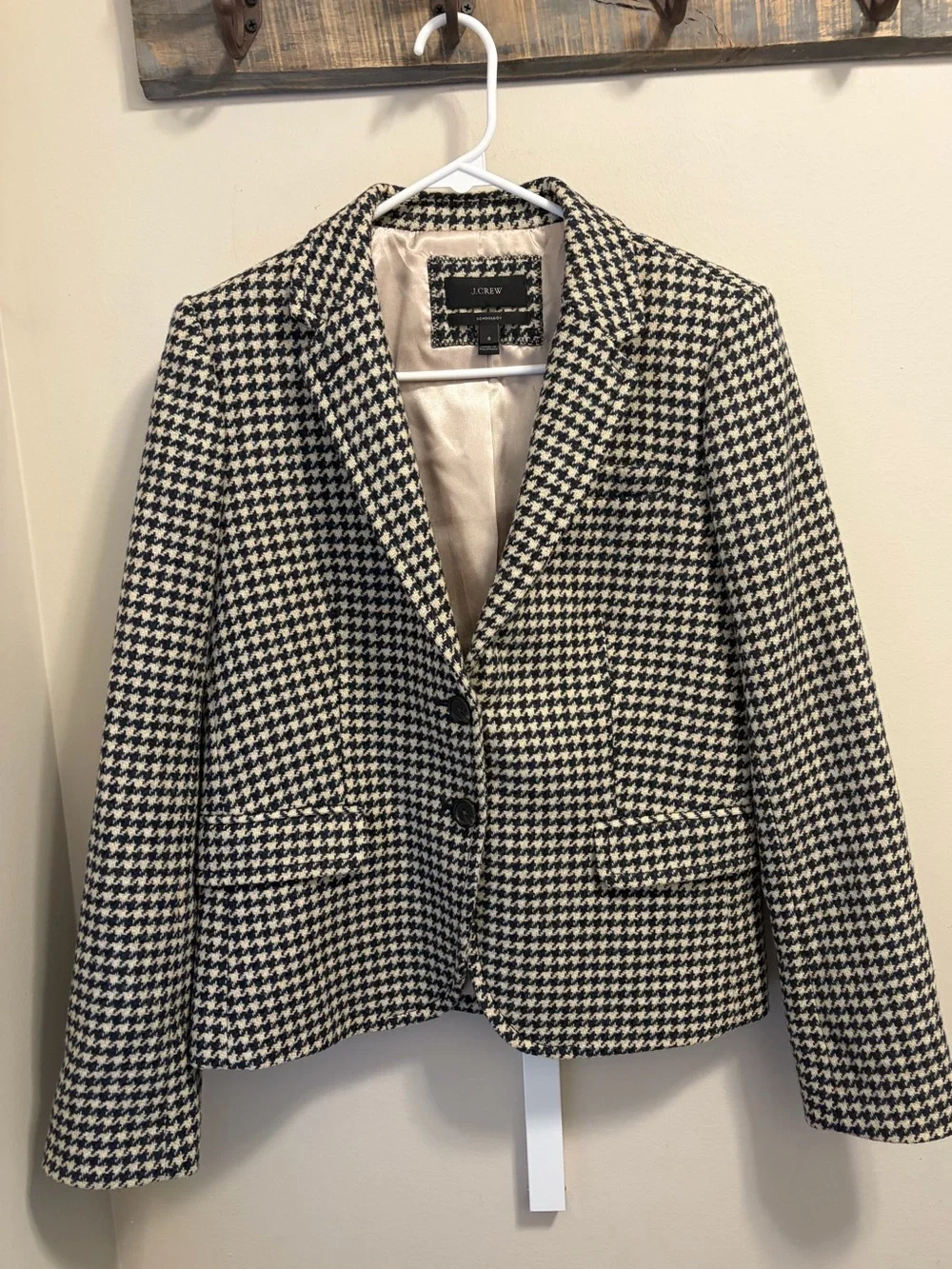 J.Crew Schoolboy Blazer Womens 8 100% Wool Navy Cream Houndstooth Jacket