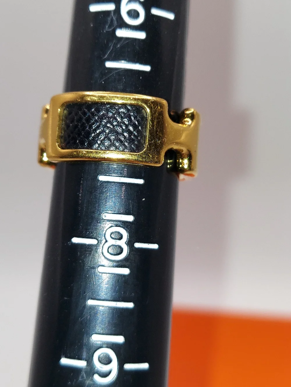 HERMES OLYMPE RING Gold Tone With Black Leather Sz M 6.75/7.25