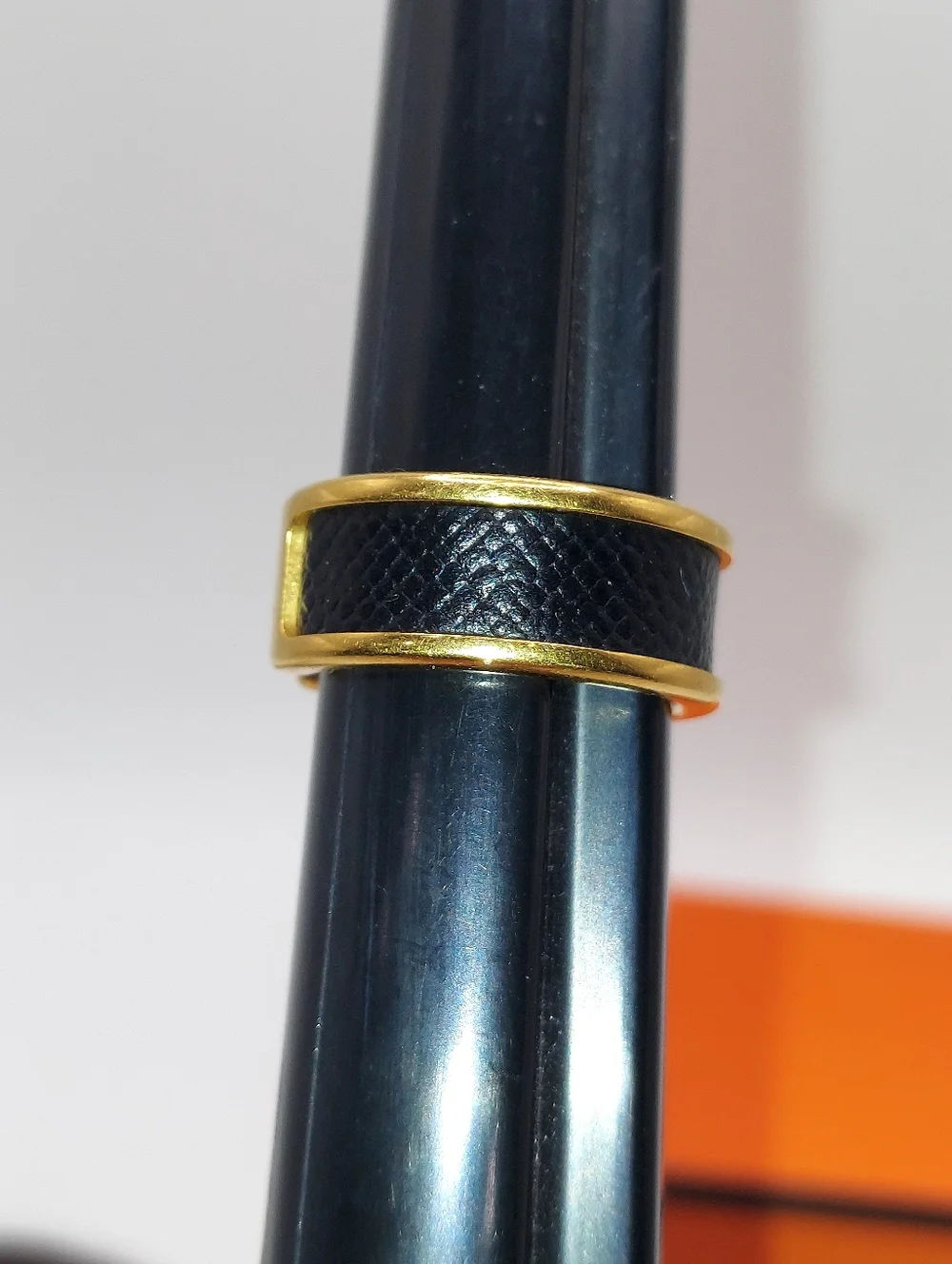 HERMES OLYMPE RING Gold Tone With Black Leather Sz M 6.75/7.25