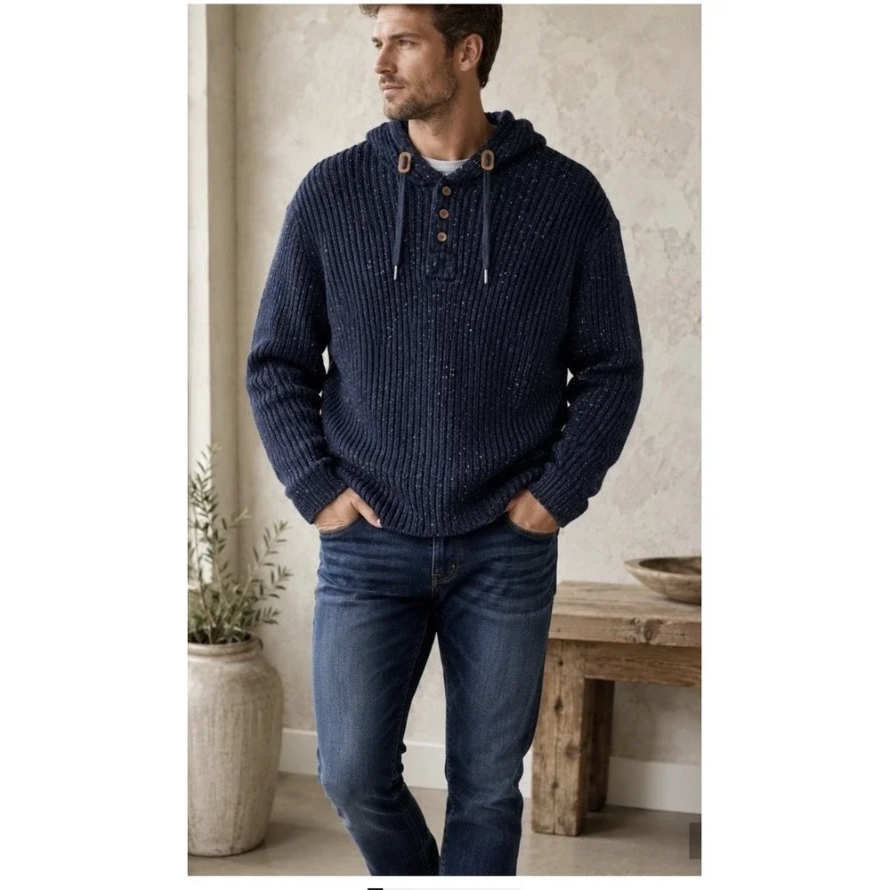 prAna Mens Hooded Henley Sweater Mmedium Lambswool Blend Blue Chunky Knit Toggle