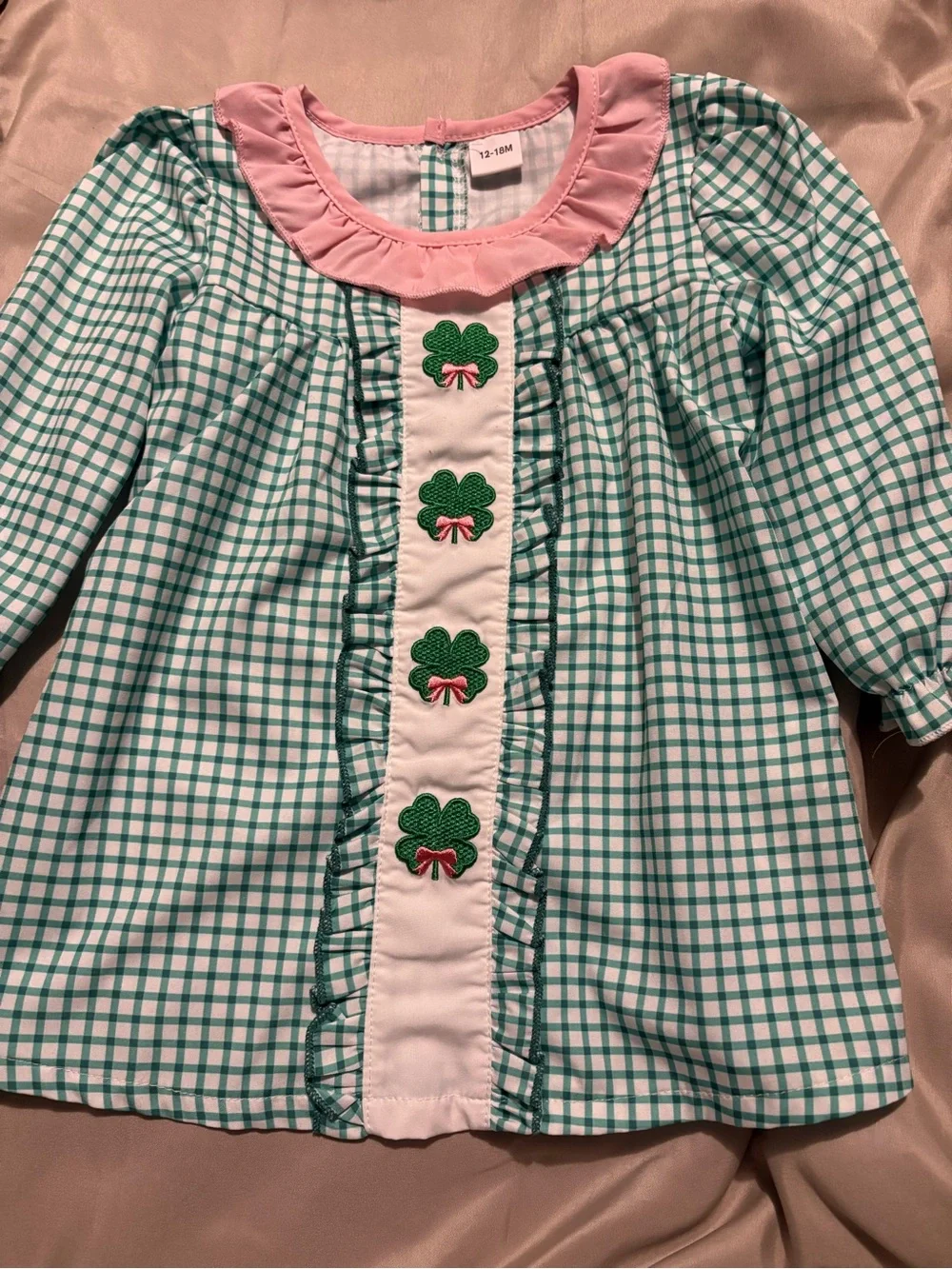 Girls Green Plaid Ruffle Collar dress with Pink Trim