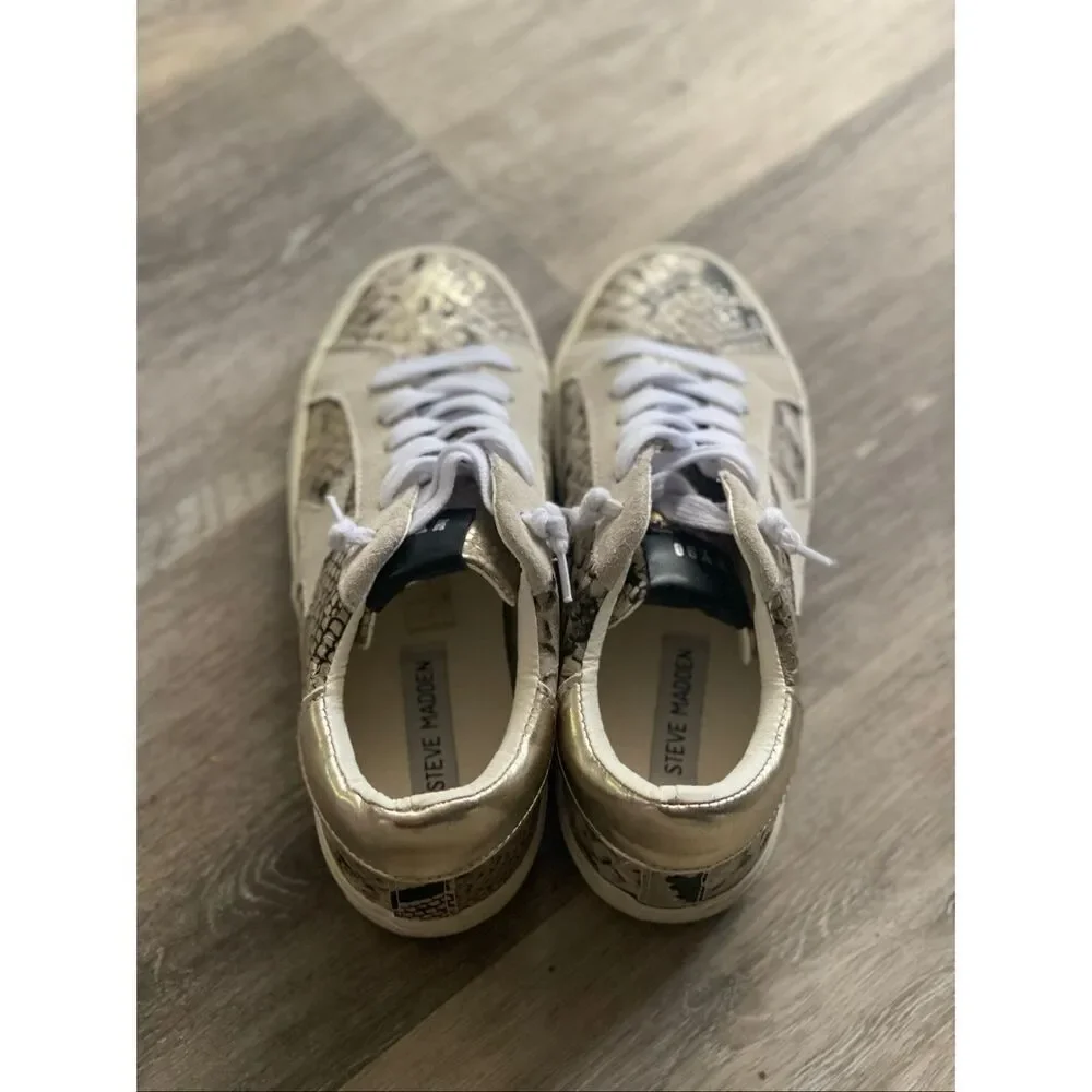Steve Madden Women’s Pursued Gold Metallic Snakeskin Lace-Up Sneakers Size 7M