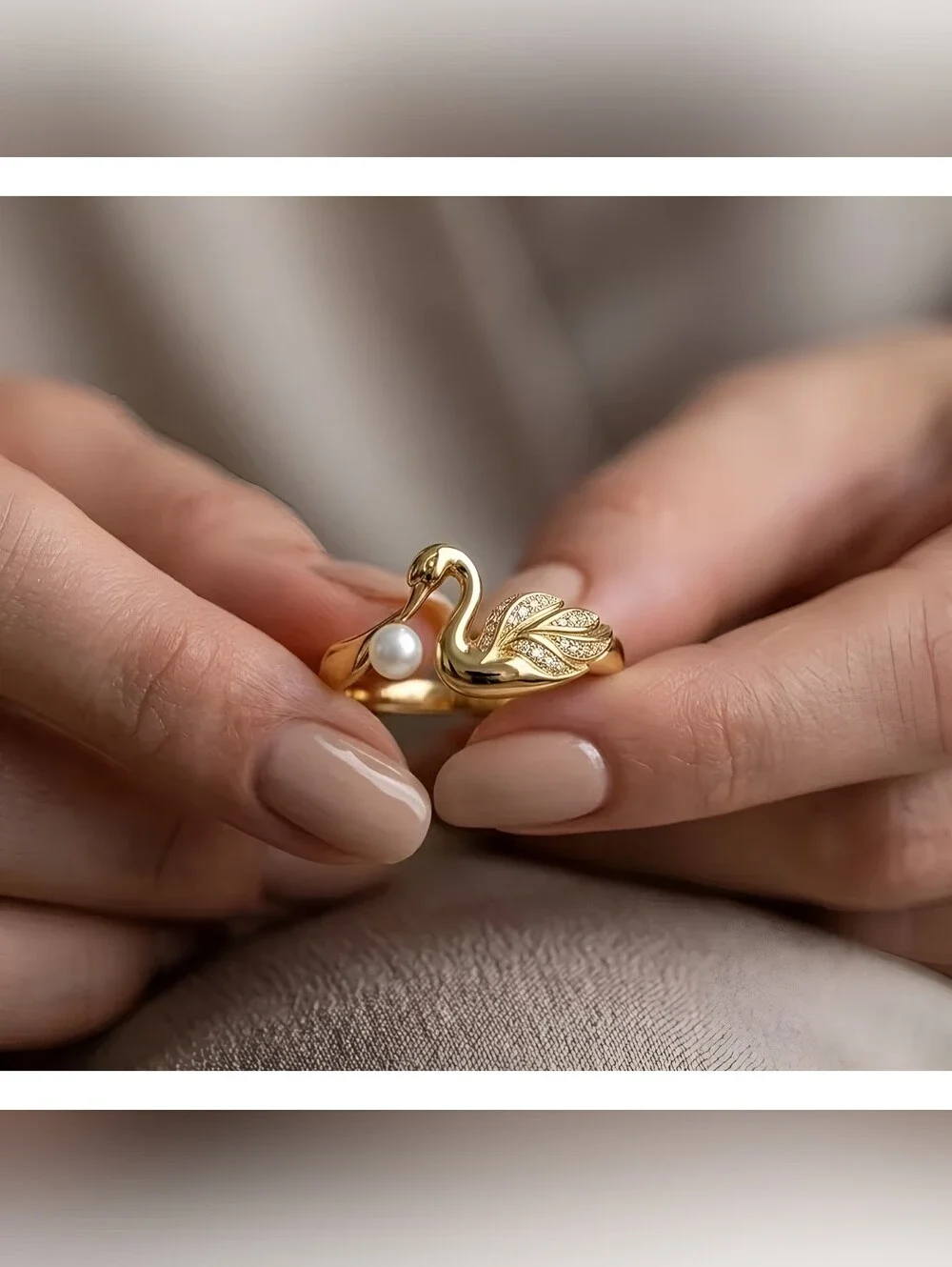 Gold Swan Pearl & CZ Ring - Sz.10. Elegant Women's Jewelry