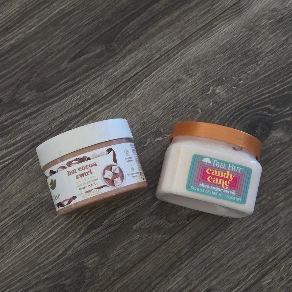 Dove Hot Cocoa Swirl Tree Hut Candy Cane Body Scrub Set 10.5oz 18oz Holiday New