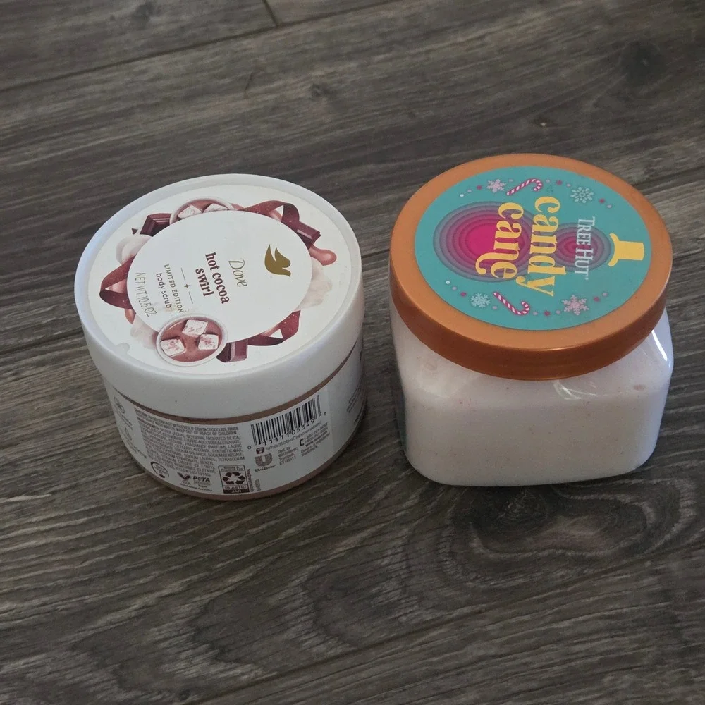 Dove Hot Cocoa Swirl Tree Hut Candy Cane Body Scrub Set 10.5oz 18oz Holiday New