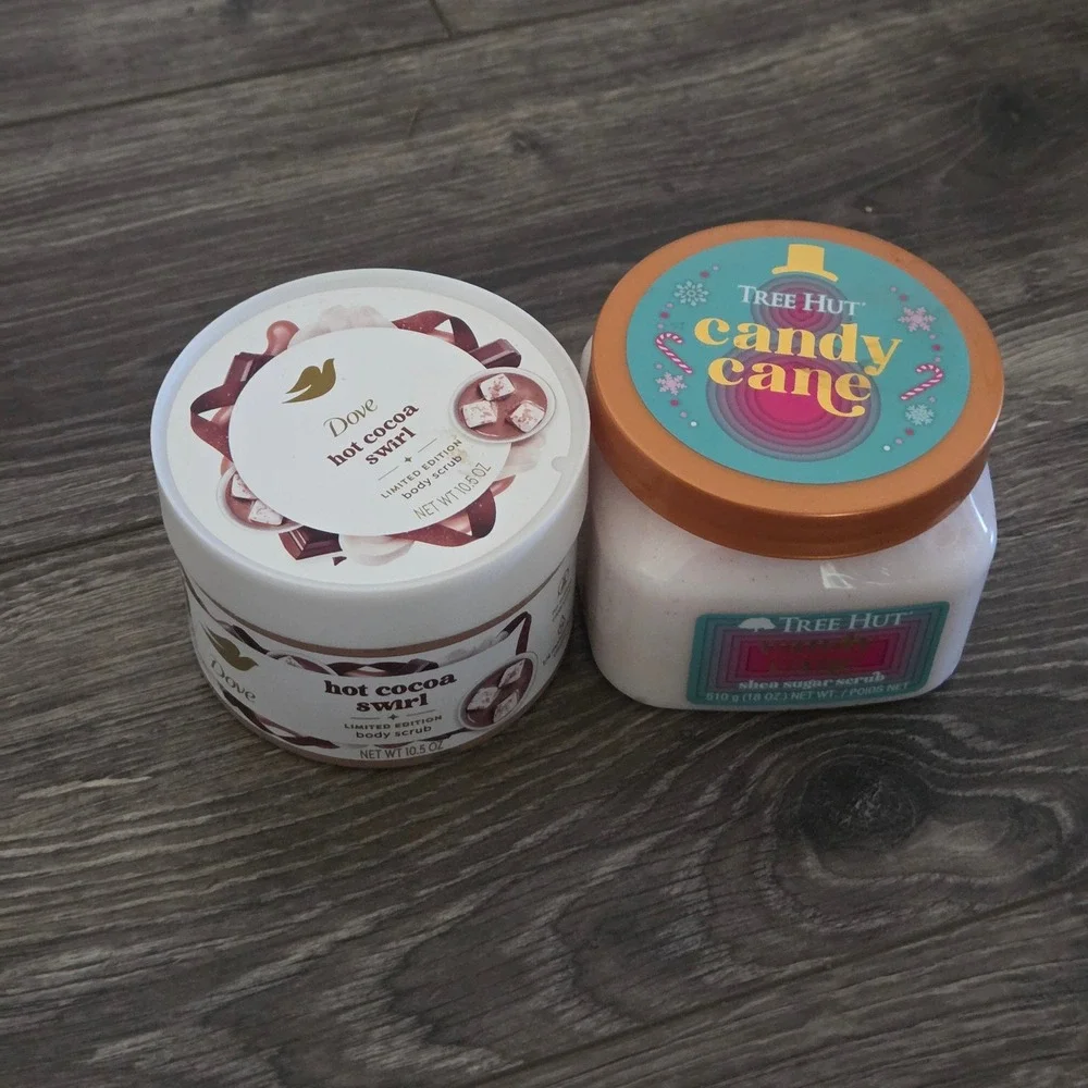 Dove Hot Cocoa Swirl Tree Hut Candy Cane Body Scrub Set 10.5oz 18oz Holiday New