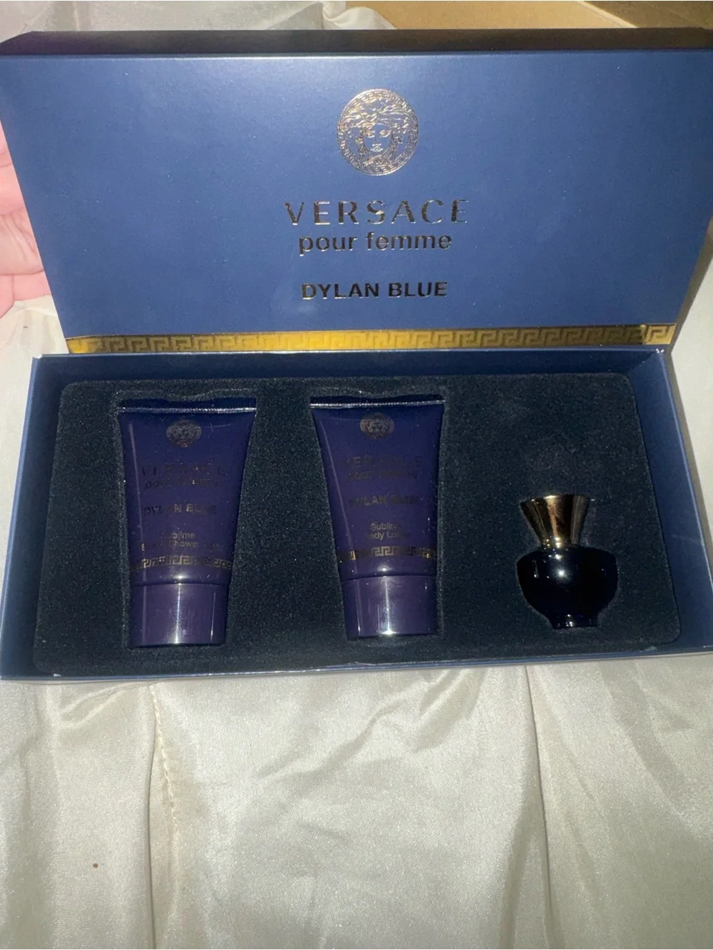Versace Dylan Blue Pour Femme Bath & Body Set - Deep Blue & Gold Accents