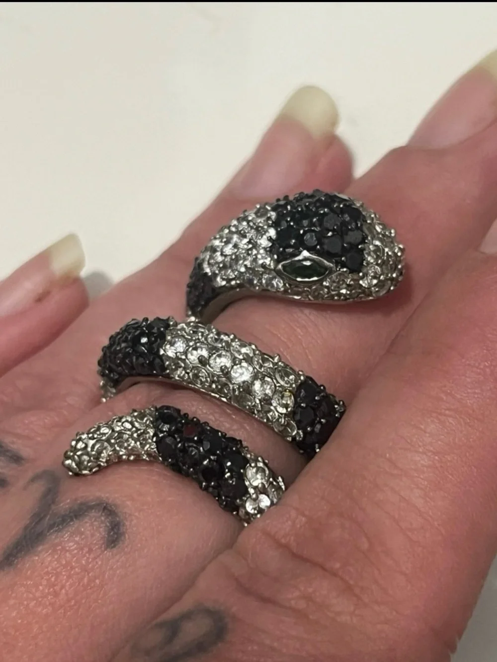 Black & White Snake Coil Ring with Sparkling Diamond Accents