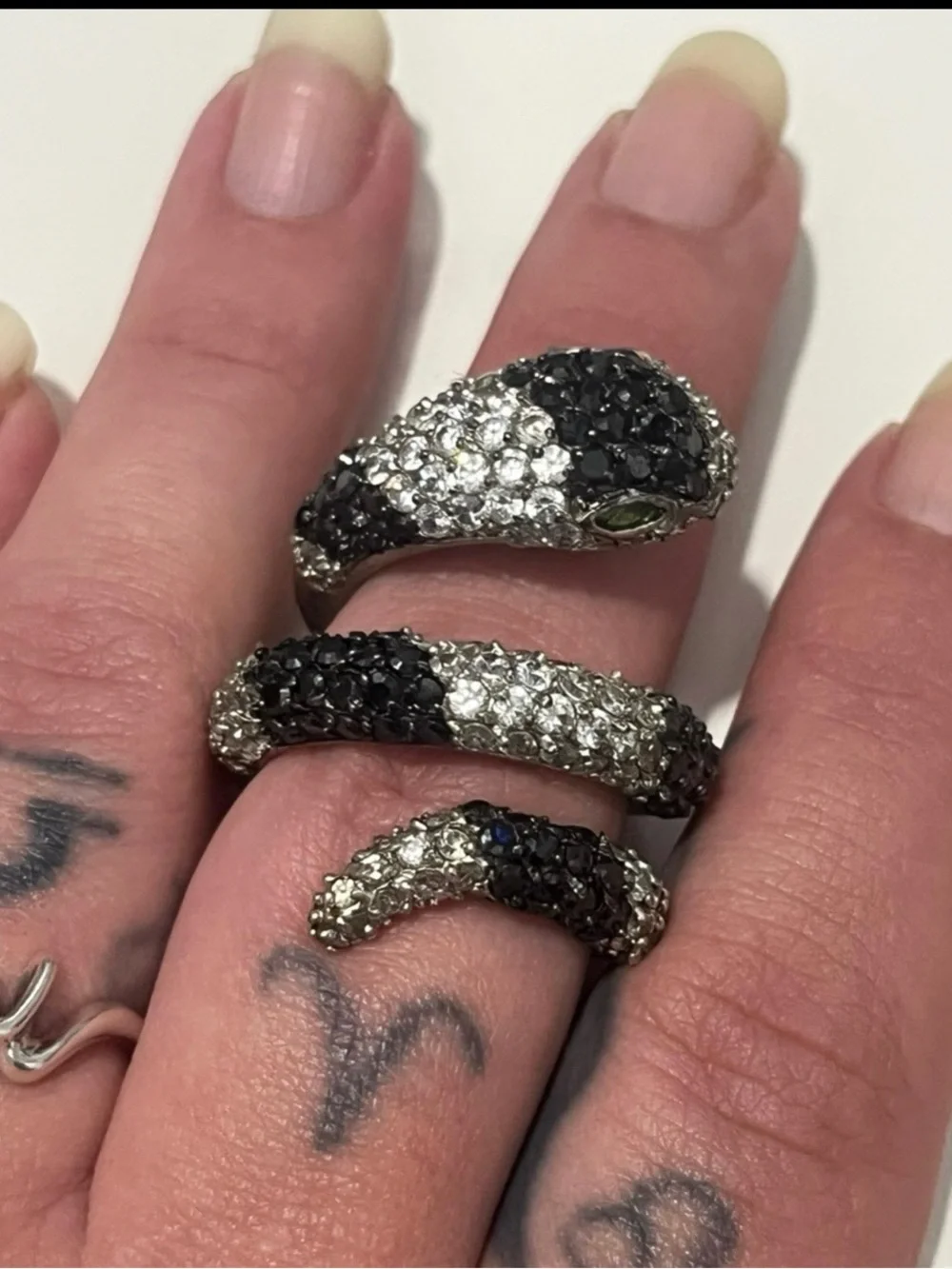 Black & White Snake Coil Ring with Sparkling Diamond Accents