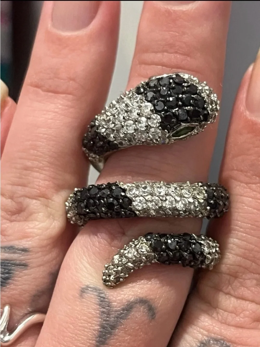 Black & White Snake Coil Ring with Sparkling Diamond Accents