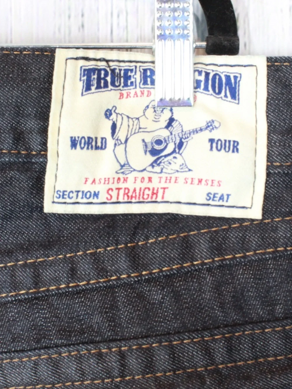 NWT True Religion Straight Leg Flap Jeans Sunset Logo Orange Red Stitch Size 33