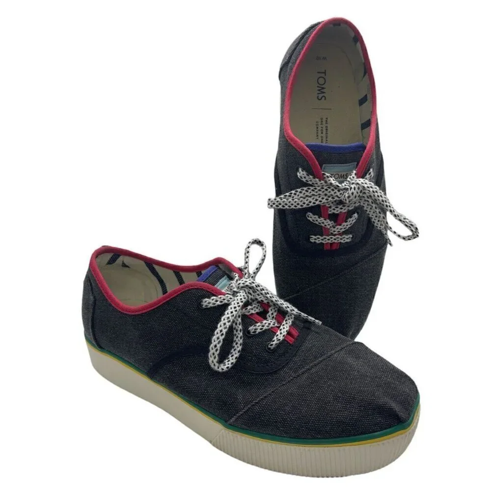 TOMS Cordones Boardwalk Black & Multicolor Platform Shoes Women's Sz W10 Lace UP