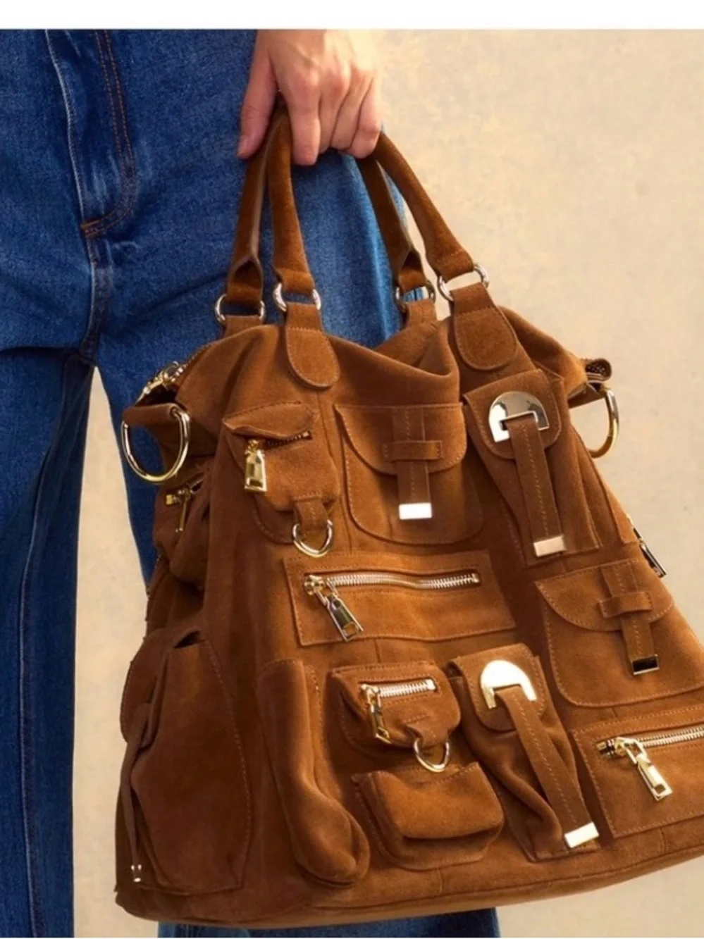Cynthia Rowley Suede Tote in Tan with Gold Hardware