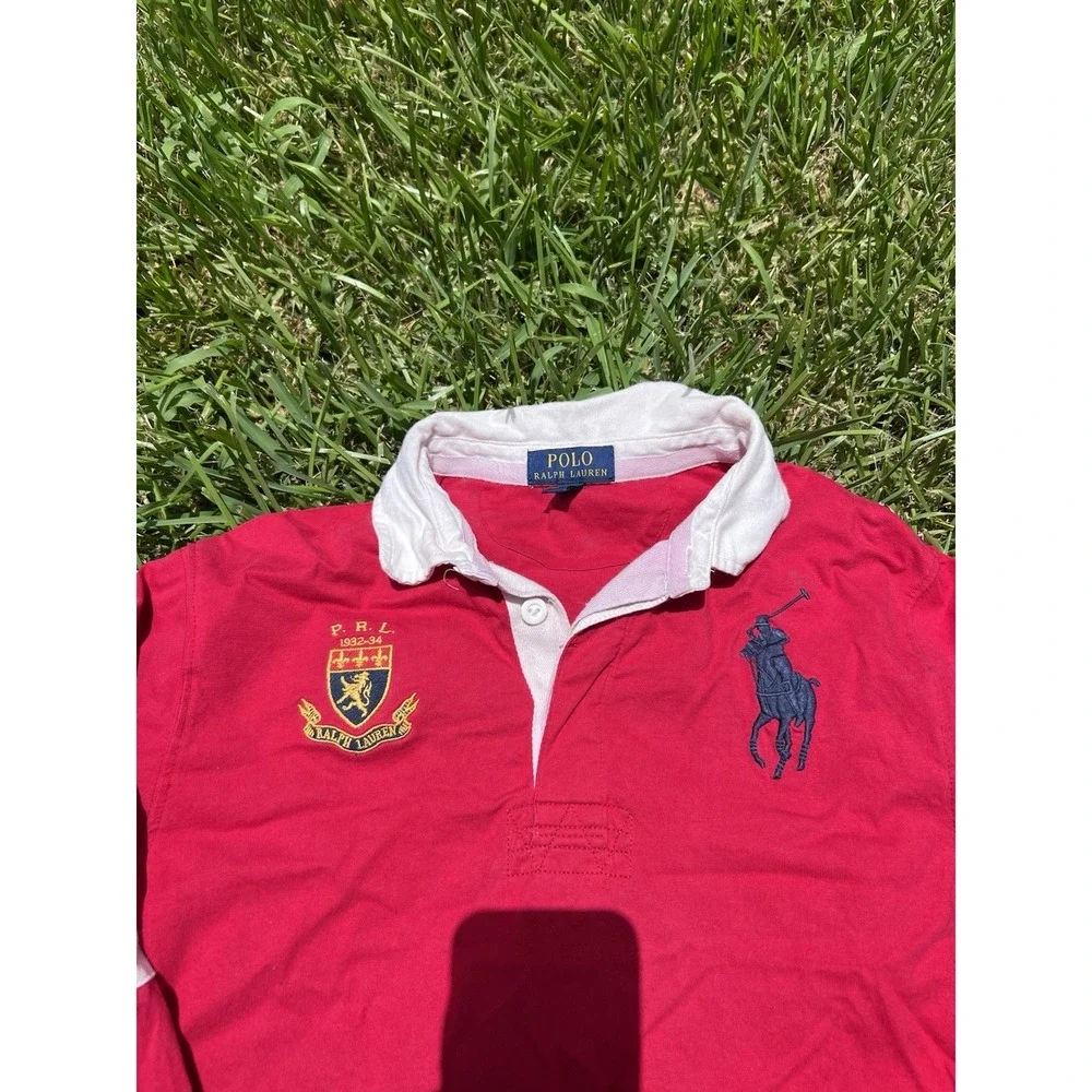 Ralph Lauren Polo Shirt Mens Medium Red Big Pony Crest Striped Rugby Preppy