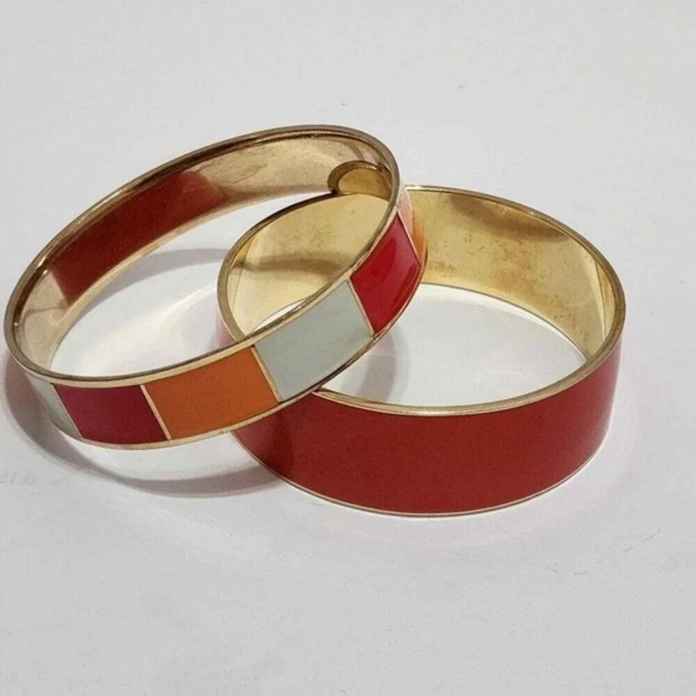 J. Crew Enamel Bangle Bracelet Set Red Orange Colorblock Gold Tone Stackable 2pc