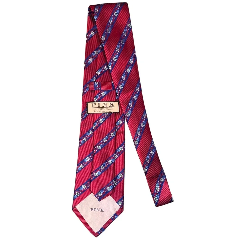 Thomas Pink 100% Silk Mens Necktie Navy/Red Stripped Floral Classic France