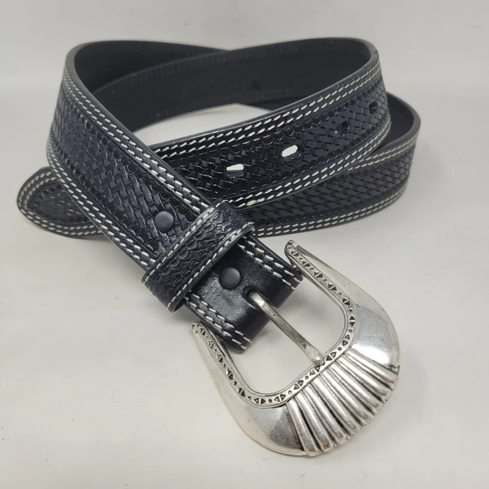 Cowboy Chrome Belt Mens 46 Black Leather Handtooled Basketweave Western Cowboy
