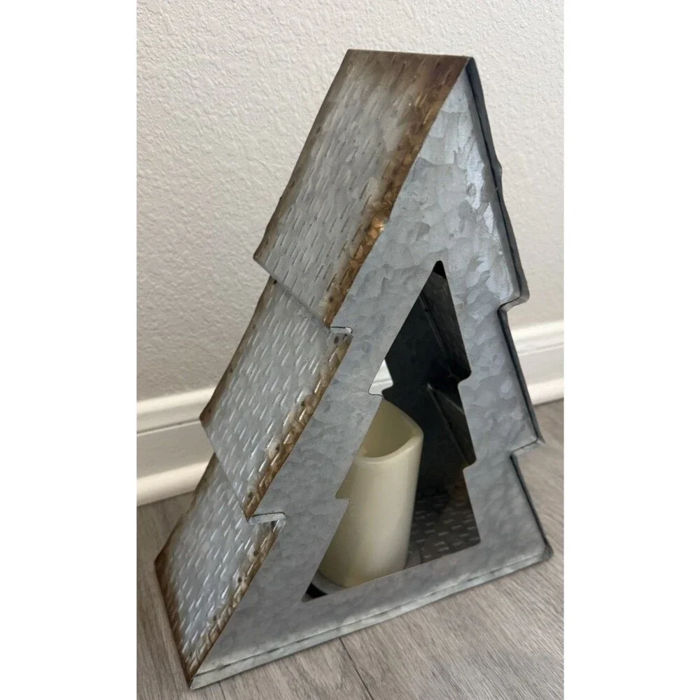 Galvanized Metal Christmas Tree Candle Holder Rustic Decorative, Place A Bid