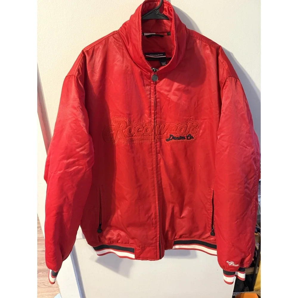 Vintage‎ Rocawear Bomber Jacket Satin Embroidered Logo Red Men's Size 2XL Y2K