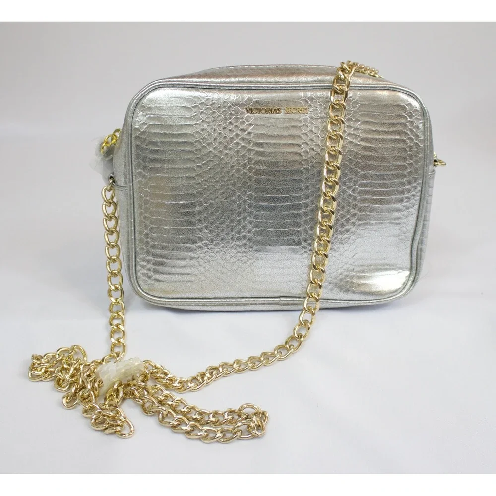 Victorias Secret Silver Metallic Snakeskin Crossbody‎ Bag Gold Chain NWOT