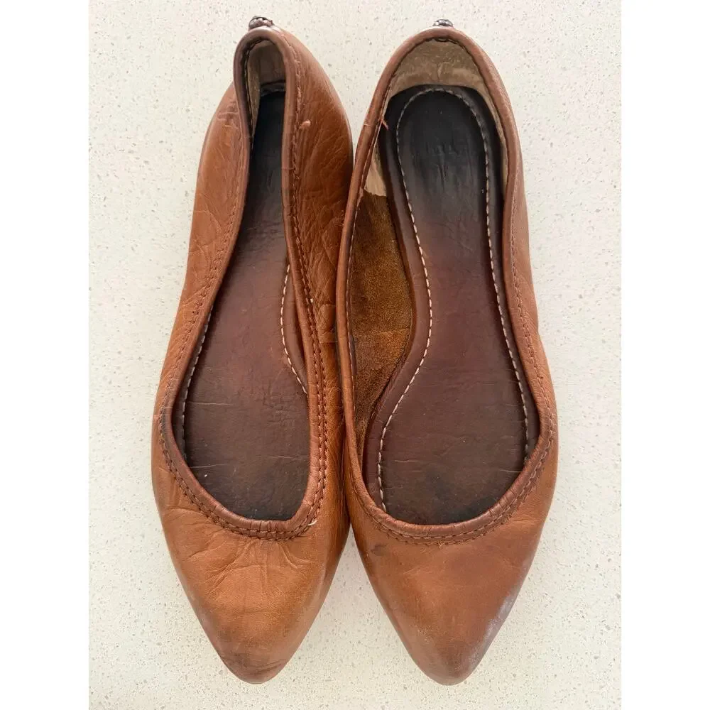 Frye Regina Pointed Toe Leather Ballet‎ Flat Cognac Size 6