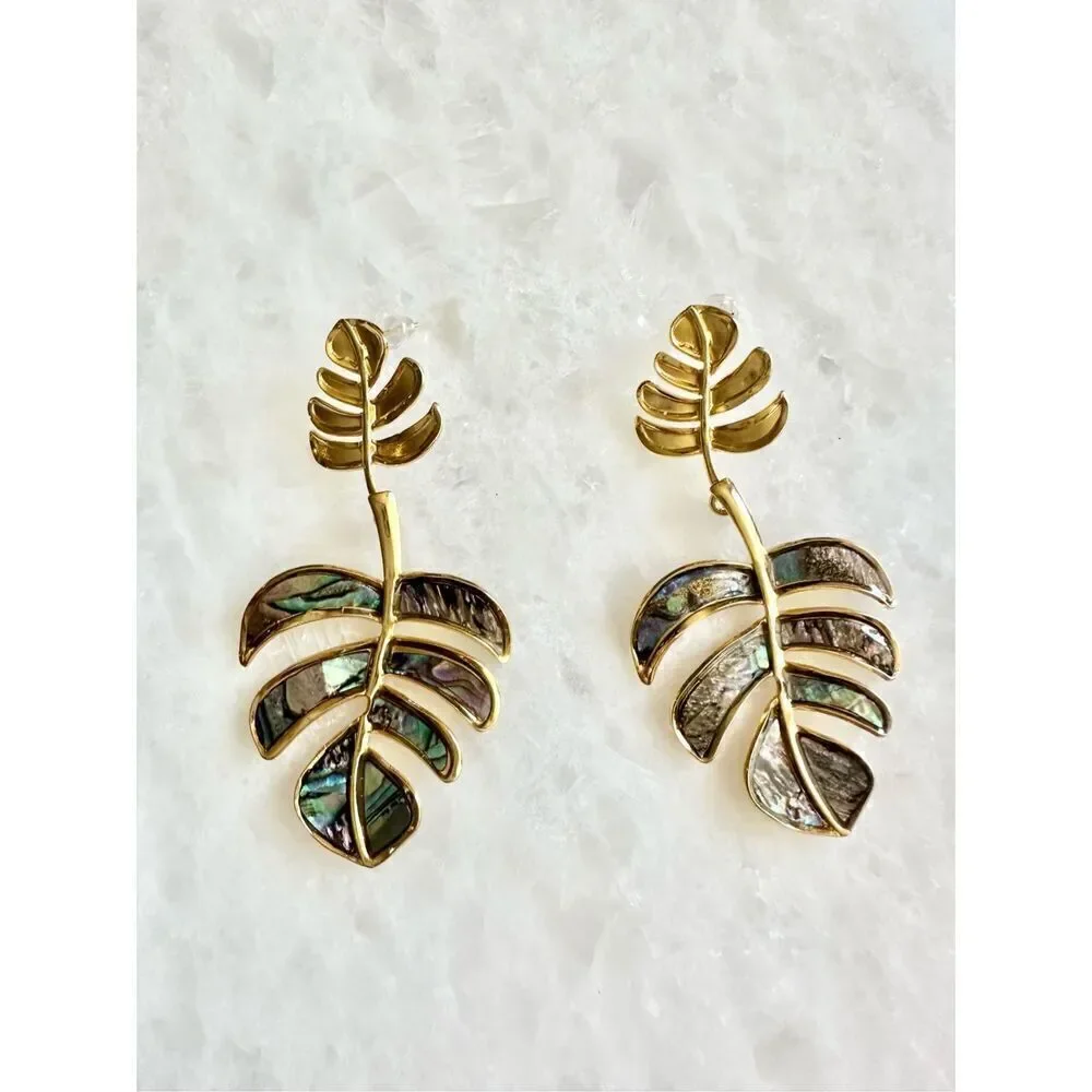 Tropical leaf dangle earrings with abalone seashell detail