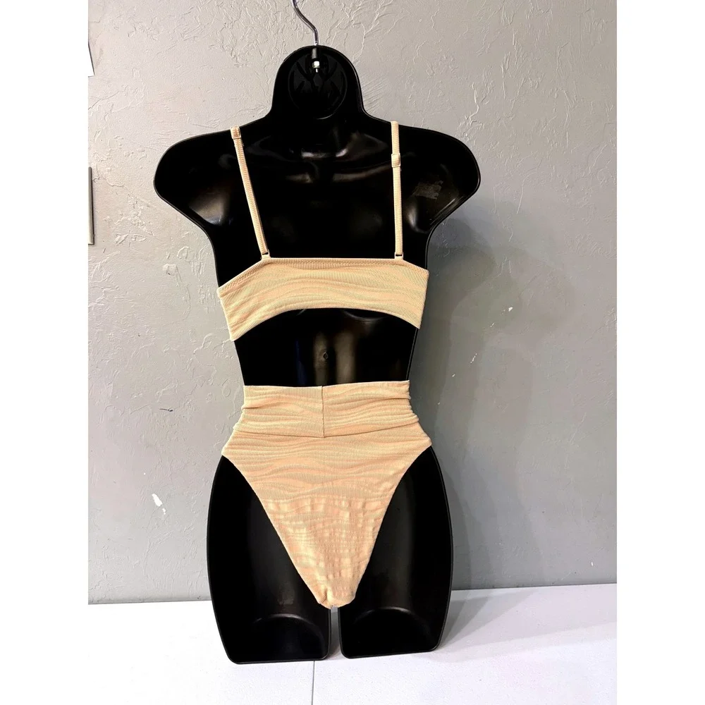 Aerie‎ Real Good Tan Textured Triangle Bikini Top High Cut Cheeky Bottom Set XS