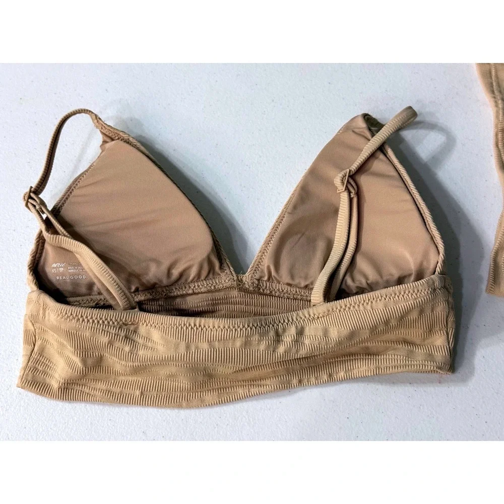 Aerie‎ Real Good Tan Textured Triangle Bikini Top High Cut Cheeky Bottom Set XS