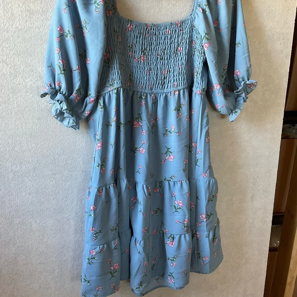 Inspired Hearts Floral Blue Dress. NWT Tiered skirt. Puffy sleeves. Size L.
