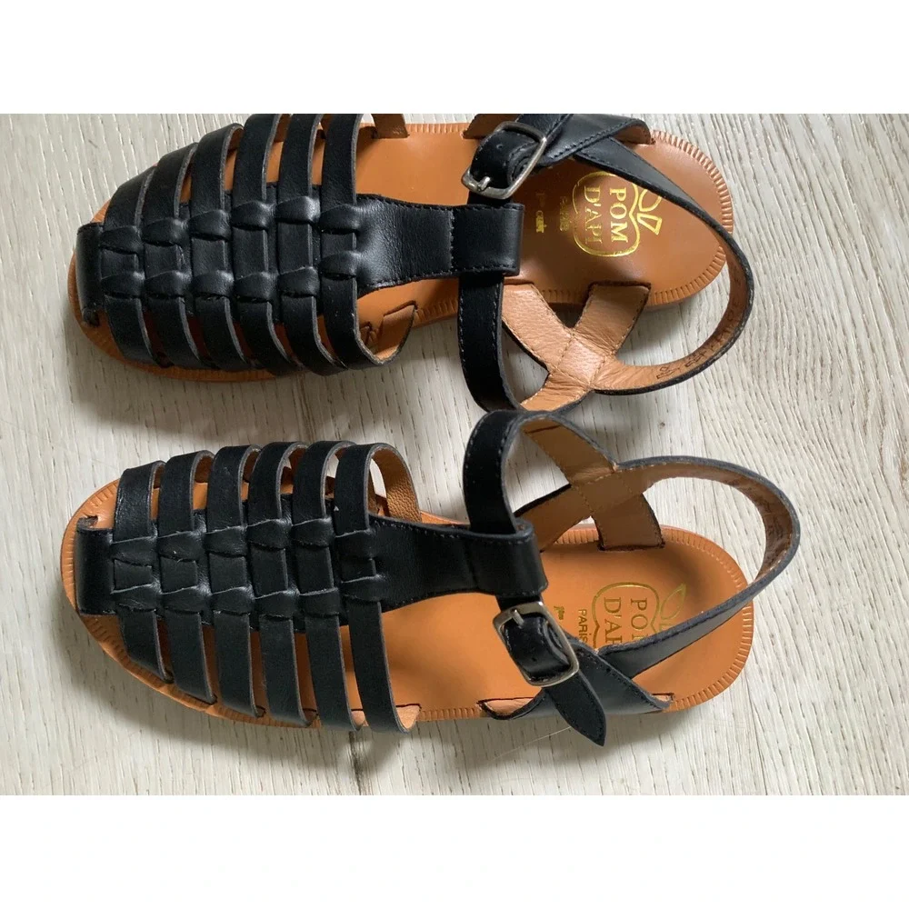 Pom D'Api Paris‎ Kids Black Leather Fisherman Sandals Huarache Buckle Size 30