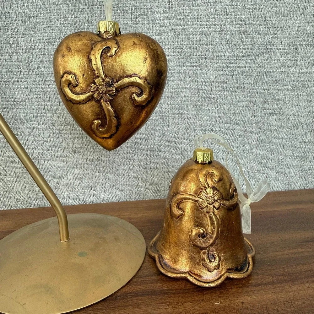 Vintage Golden Christmas Ornaments Set 2 Heart and Bell Baroque Scrollwork Decor