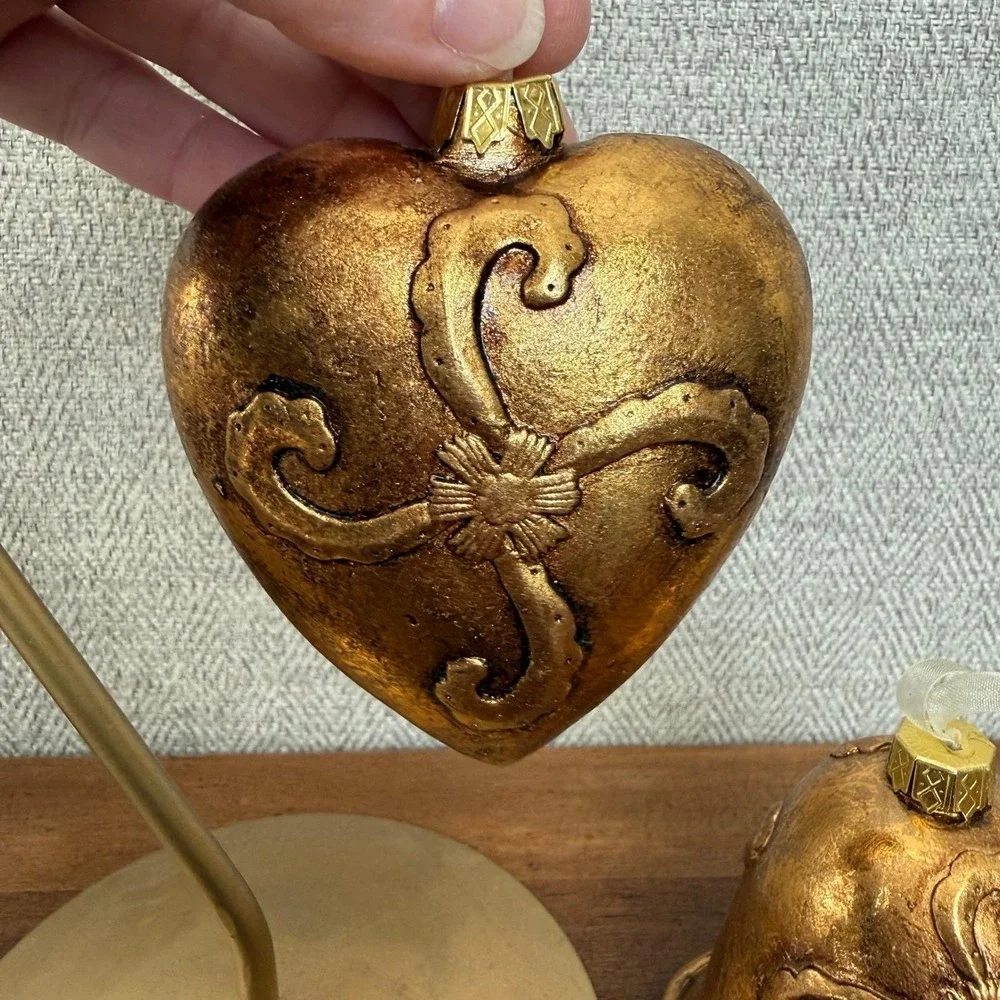 Vintage Golden Christmas Ornaments Set 2 Heart and Bell Baroque Scrollwork Decor