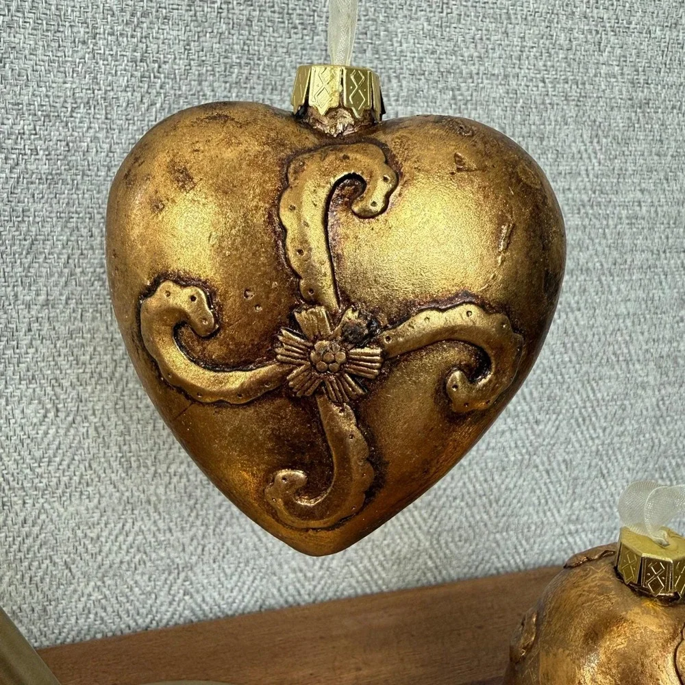 Vintage Golden Christmas Ornaments Set 2 Heart and Bell Baroque Scrollwork Decor