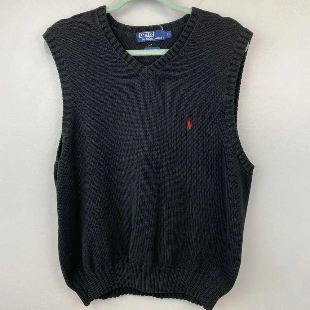 Polo Ralph Lauren sweater vest‎ men's XL black sleeveless knit cotton STAINED