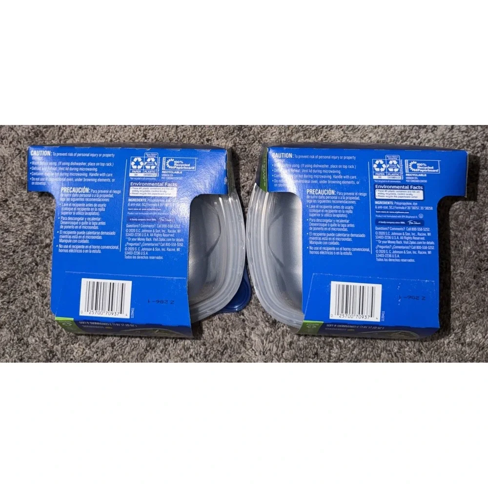 2 New Ziploc Plastic Food Storage Containers, Deep Square, 3 Count, Clear 1.25qt