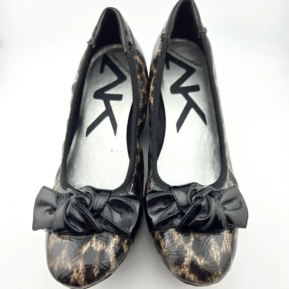 Anne Klein AK Sport Leopard Print Bow Wedges Women’s 6.5M Brown Black