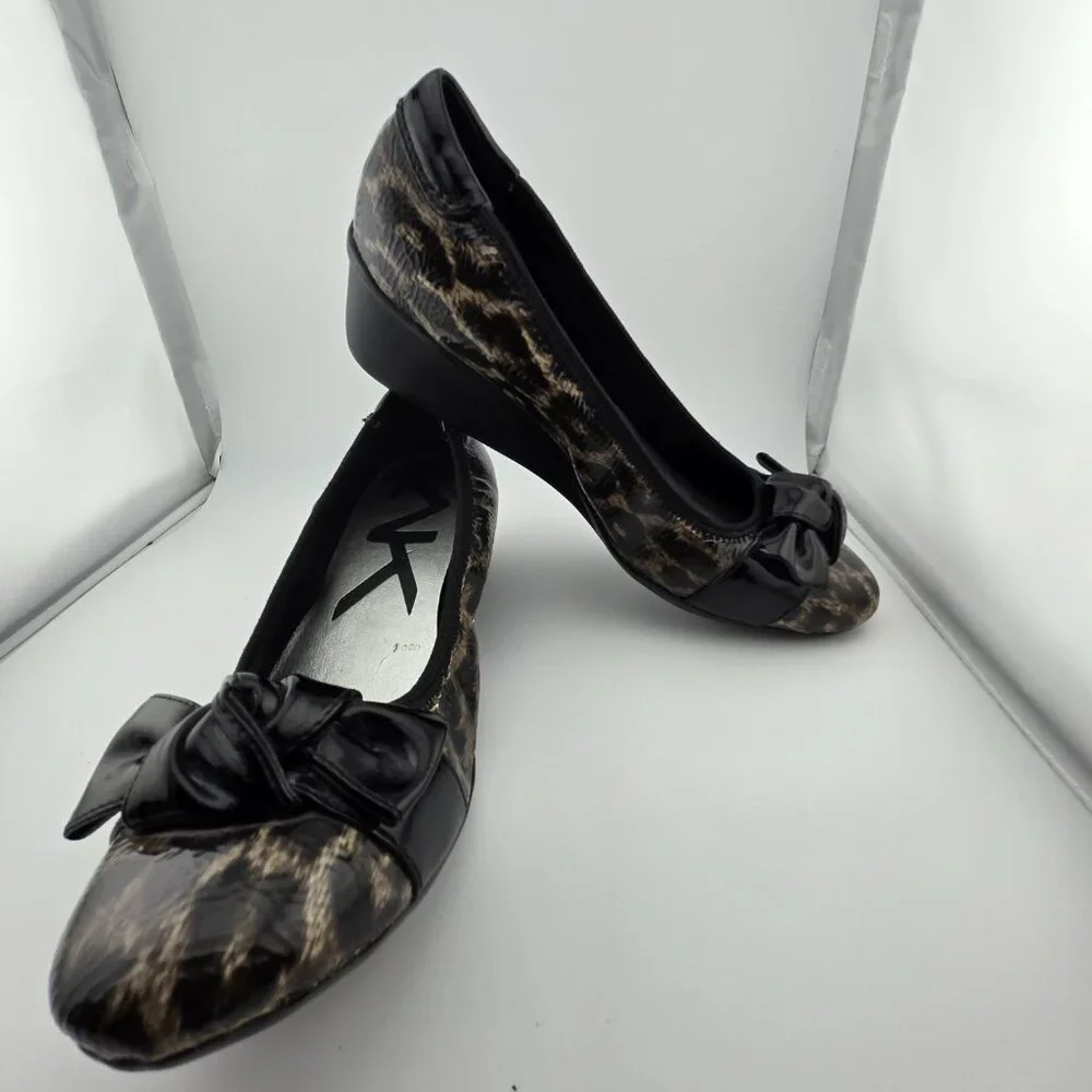 Anne Klein AK Sport Leopard Print Bow Wedges Women’s 6.5M Brown Black