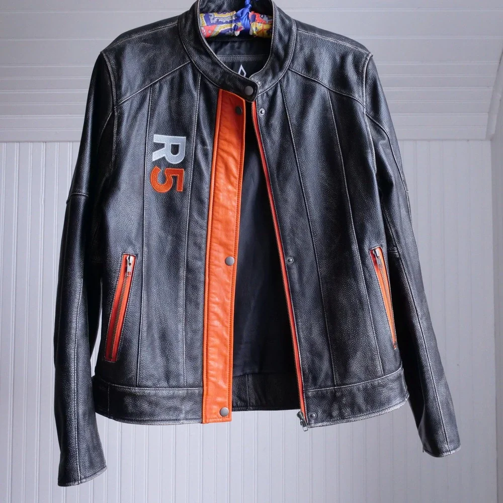 y2k‎ Private Divisions orange and black cafe racer leather jacket