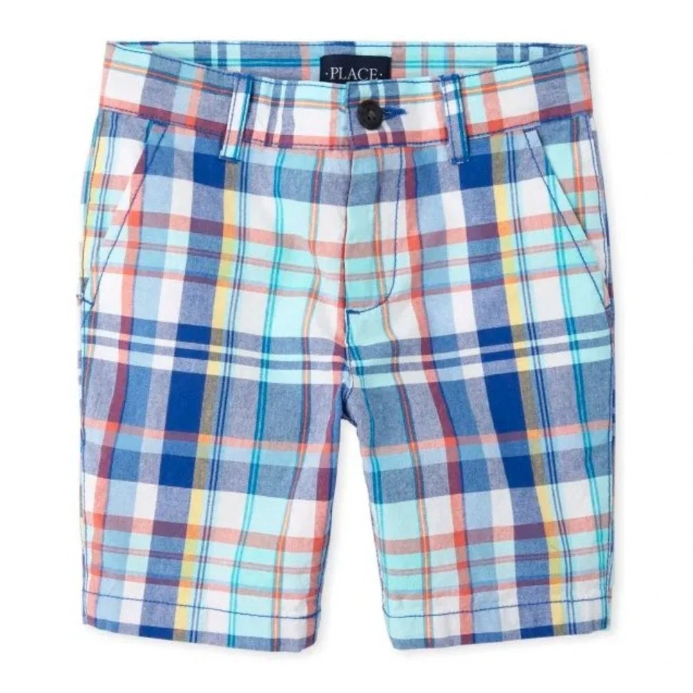 (CL) The‎ Childrens Place Boys Plaid Chino Shorts Blue Orange Size 14 Cotton