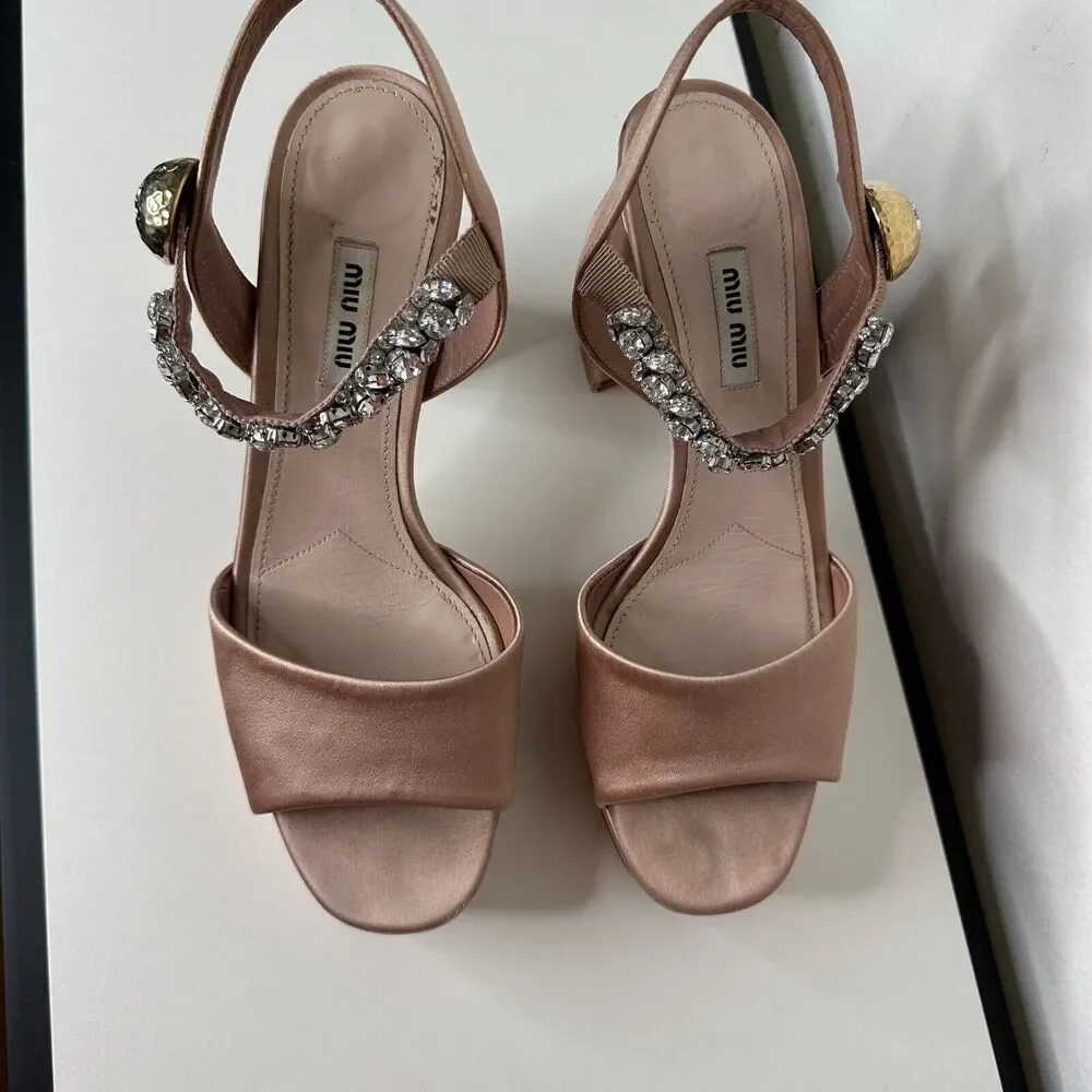 Miu Miu Nude Calzature Donna Satin Crystal Ankle Strap Platform Block Heels 10.5
