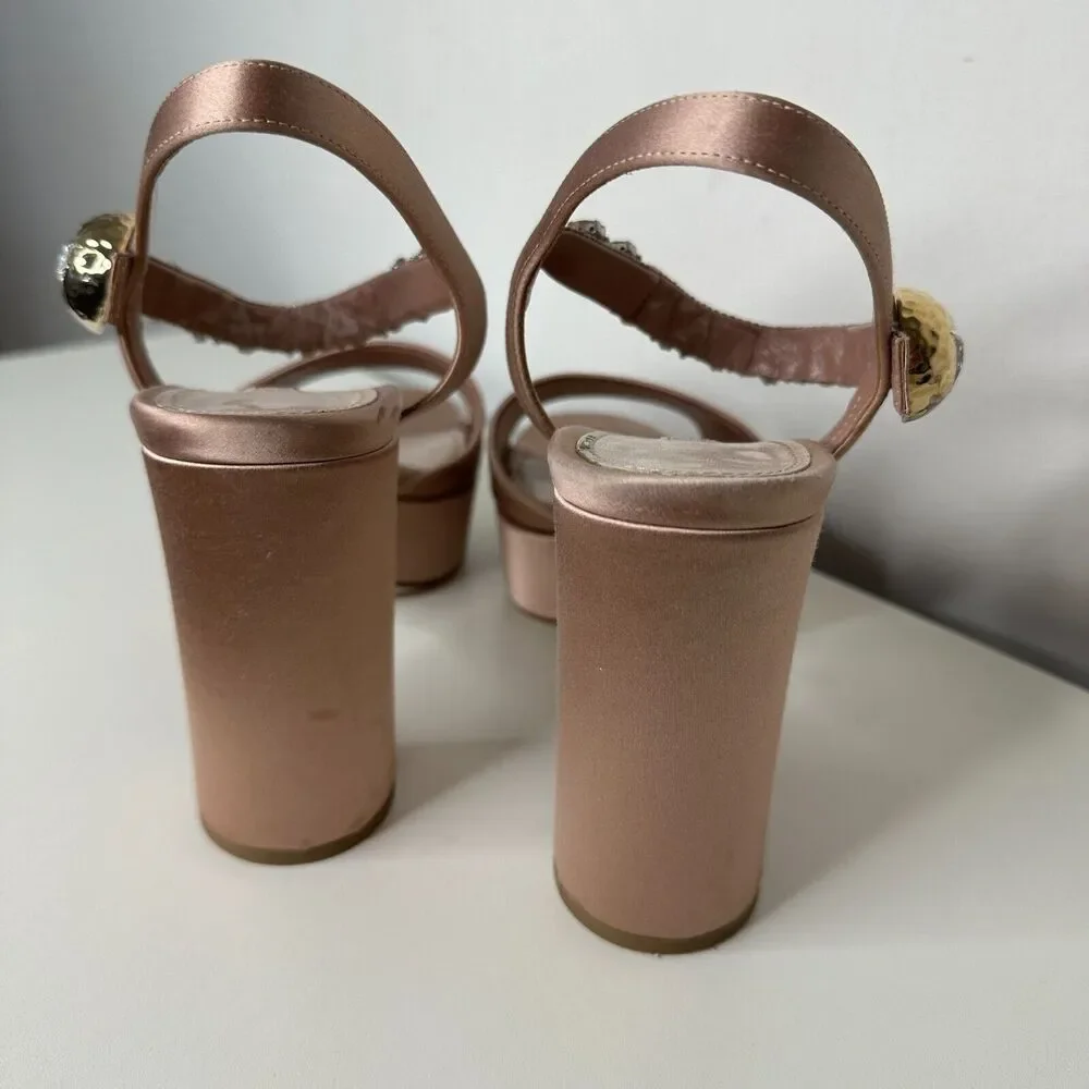 Miu Miu Nude Calzature Donna Satin Crystal Ankle Strap Platform Block Heels 10.5