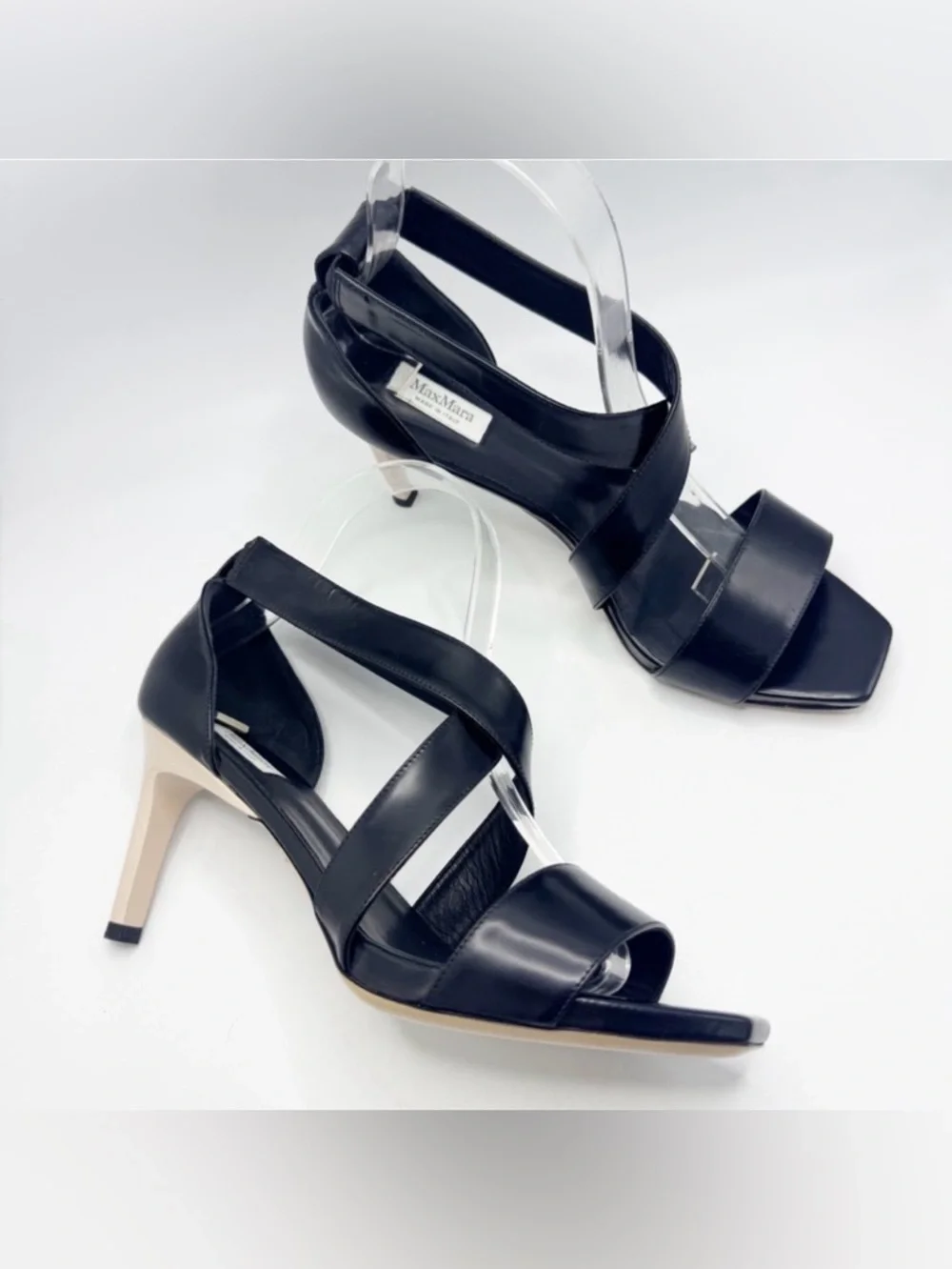 Max Mara Strappy Leather Heeled Square Toe Sandals Black Ivory Size 39