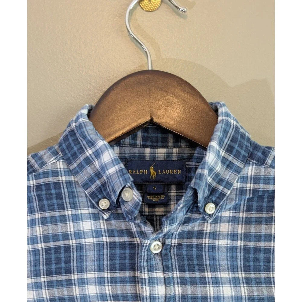Ralph Lauren Boys 5 Blue Plaid Button Down Short Sleeve Shirt Cotton Kids Preppy
