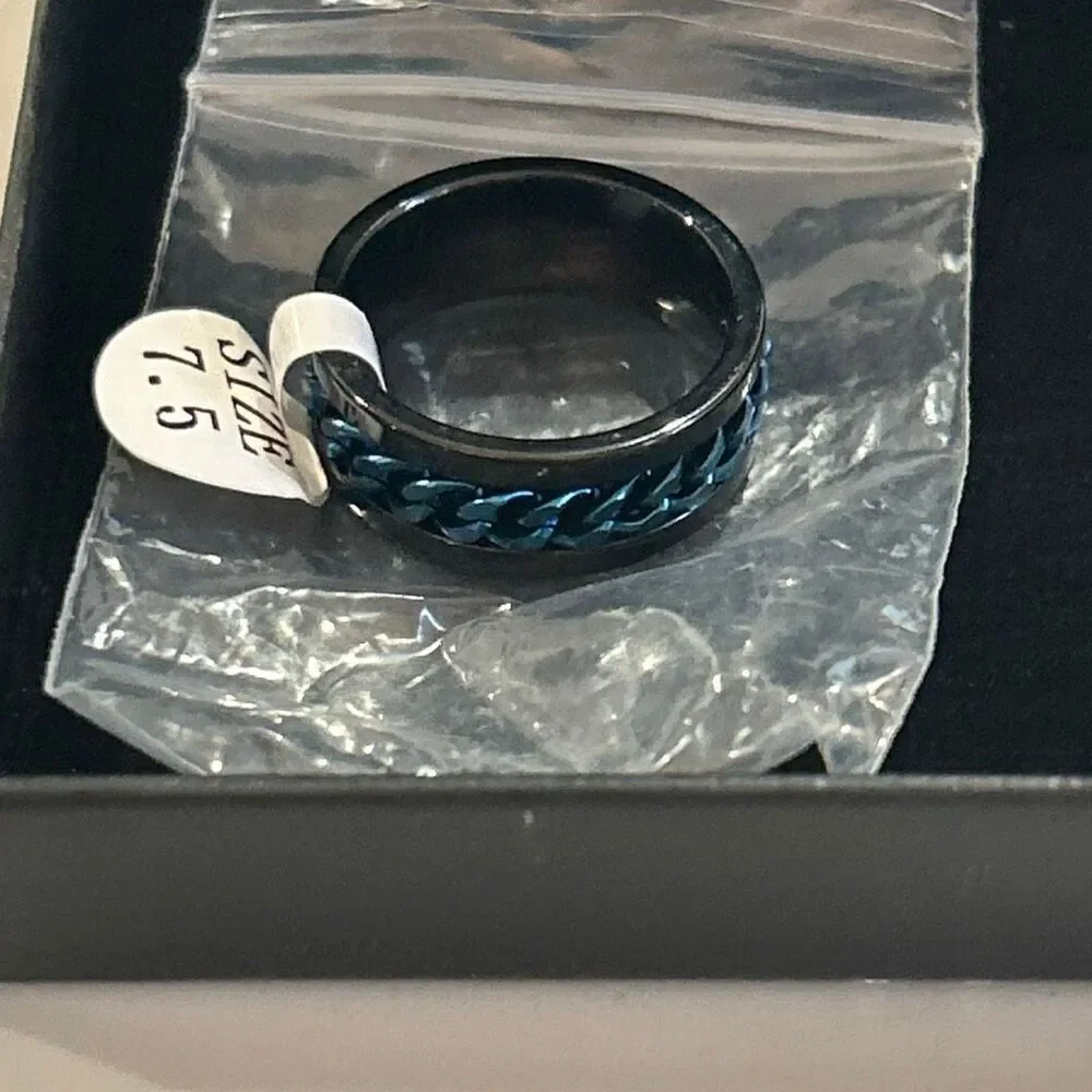 NEW King Will Tungsten Carbide spinner ring black with blue chain size 7.5
