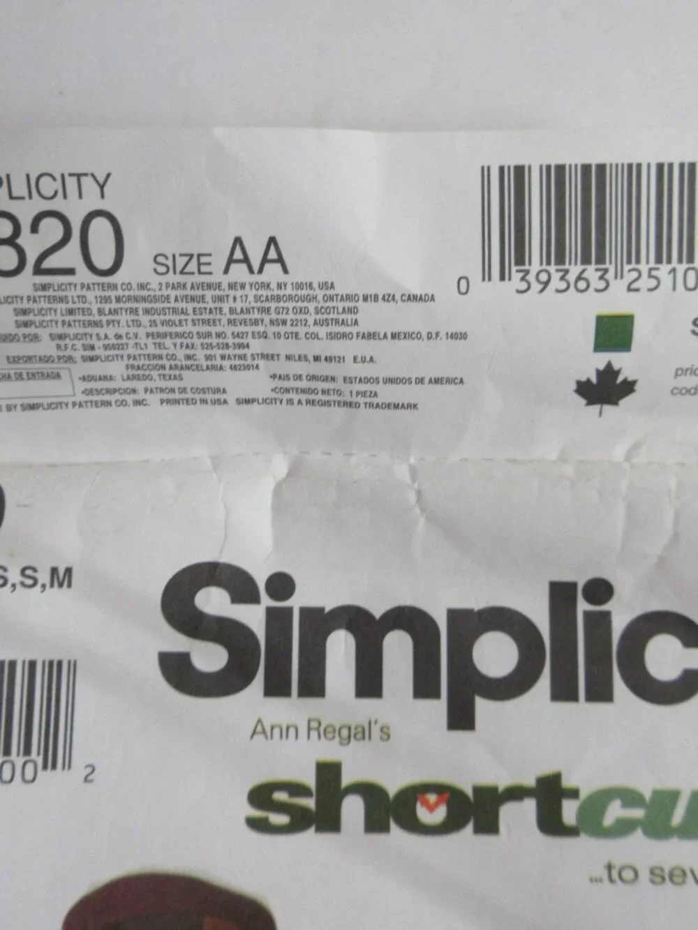 Simplicity uncut pattern