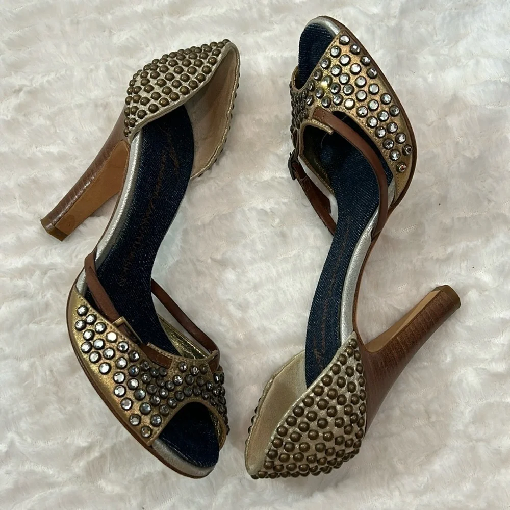 Giuseppe Zanotti Rhinestone Studded Bronze And Brown w Denim Insole Sandals 6.5