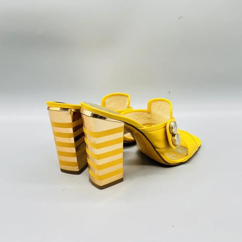 Marc By Marc Jacobs Sandals Womens 7.5 Yellow Patent Leather Slide Striped Heel