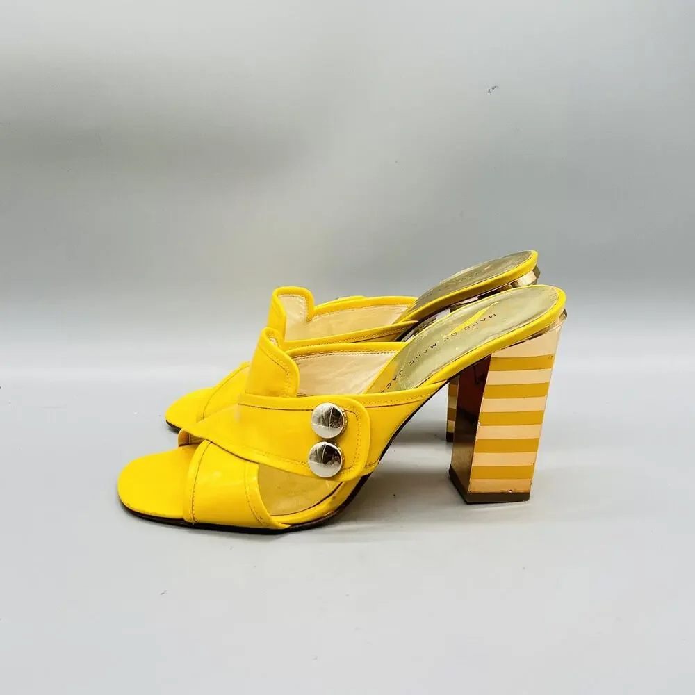 Marc By Marc Jacobs Sandals Womens 7.5 Yellow Patent Leather Slide Striped Heel